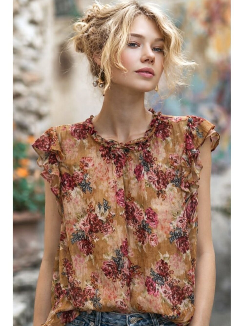Torrid Semi-Sheer Chiffon Blouse. Nutmeg, Burgundy Floral. Flutter Sleeve Size 1
